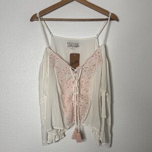 Vintage Havana Floral Embroidered Cold Shoulder Lightweight Boho Blouse NWOT